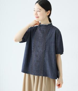 デニムスカラップ刺繍フリルプルオーバー(インディゴ-F)