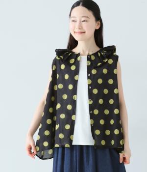 コットンボイル　ドットプリント2wayノースリーブシャツ(ブラック×イエロー-F)