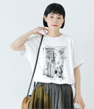 コットン天竺　変形ワイド街並みプリントTee(ホワイト-F)