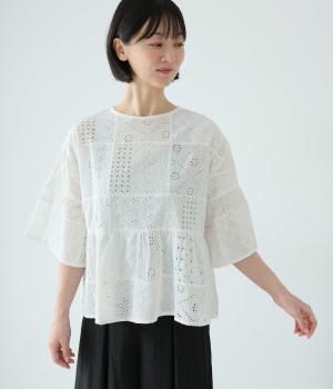 レース刺繍パッチワークプルオーバー(ホワイト-F)