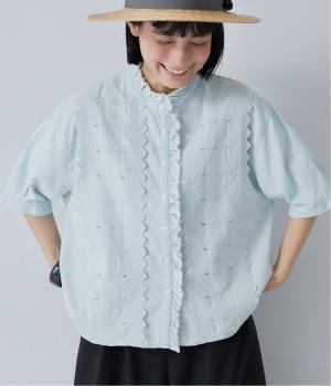 デニムスカラップ刺繍フリル半袖シャツ