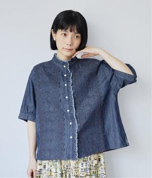 デニムスカラップ刺繍フリル半袖シャツ(インディゴ-F)