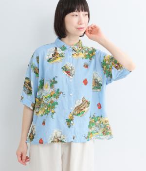 コットンリネンプリント半袖シャツ(サックス-F)