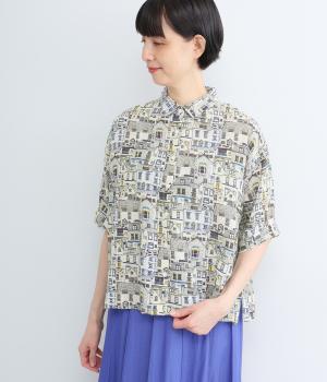 コットンリネンプリント半袖シャツ(ナチュラル/家柄-F)