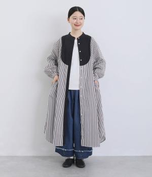 シーチングストライププリント切替ワンピース(チャコール-F)