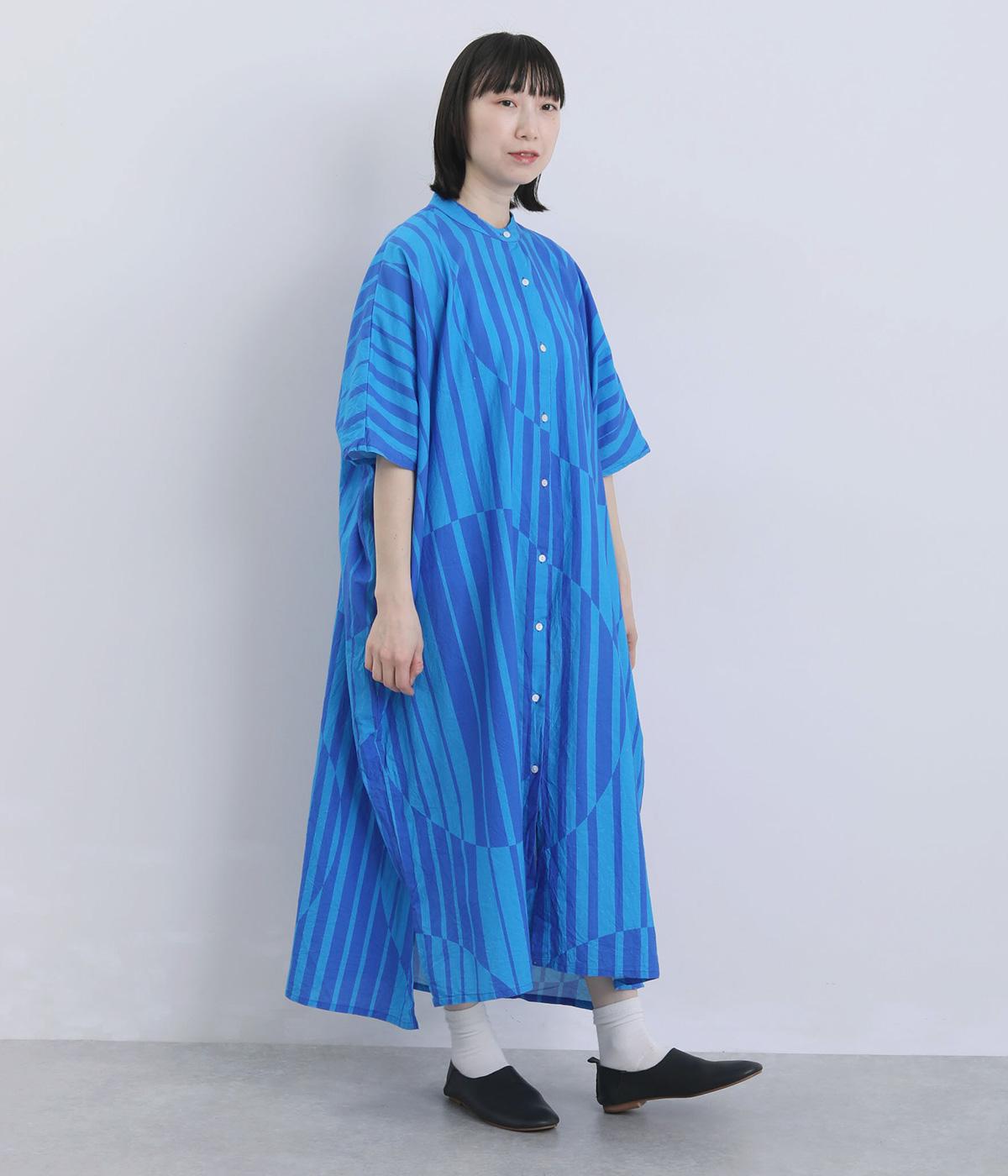 シーチングストライプドットプリント　ポンチョワンピース(ブルー-F)