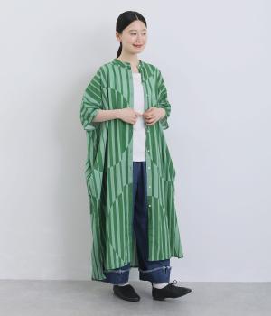 シーチングストライプドットプリント　ポンチョワンピース(グリーン-F)