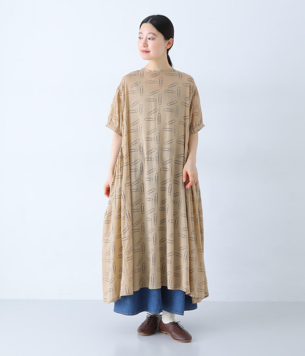 80Sボイル　クリッププリントサイドギャザーワンピース(ベージュ-F)