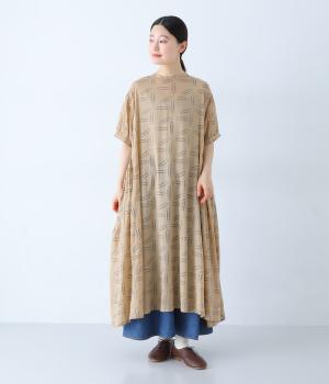 80Sボイル　クリッププリントサイドギャザーワンピース(ベージュ-F)