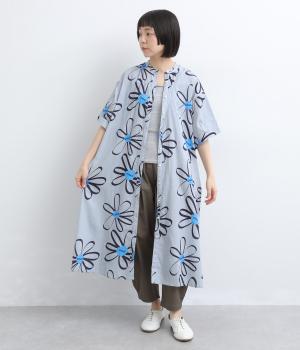 コードコットン　花柄プリントバンドカラーワンピース(グレー-F)