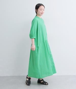 コットンギンガムチェック　ワンピース(サックス×グリーン-F)