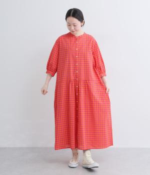 コットンギンガムチェック　ワンピース(オレンジ×ピンク-F)
