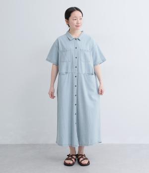 コットンデニム　シャツワンピース(サックス-F)