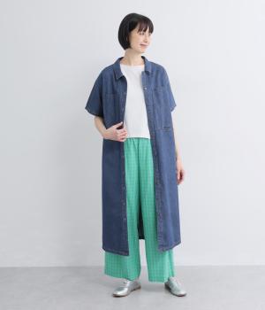 コットンデニム　シャツワンピース(ブルー-F)