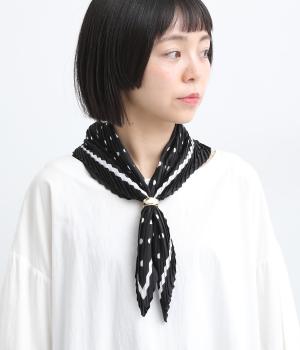 プリーツスカーフ×リング付2(ブラック×ゴールド-F)