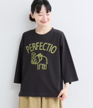 コットン天竺ゾウプリント7分袖Tee（ブラック・F）