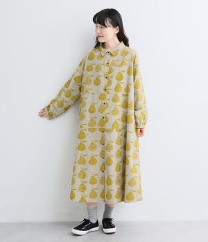 ラフランスプリント切替ワンピース（ベージュ×マスタード・F）