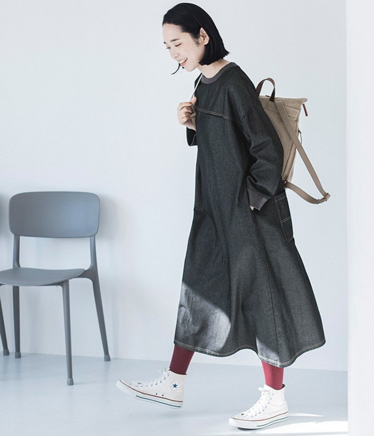 別注｜デニム配色ステッチワンピース(ブラックデニム-ONESIZE)
