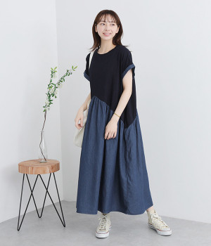 インディゴ天竺ワンピース(ネイビーデニム-ONESIZE)