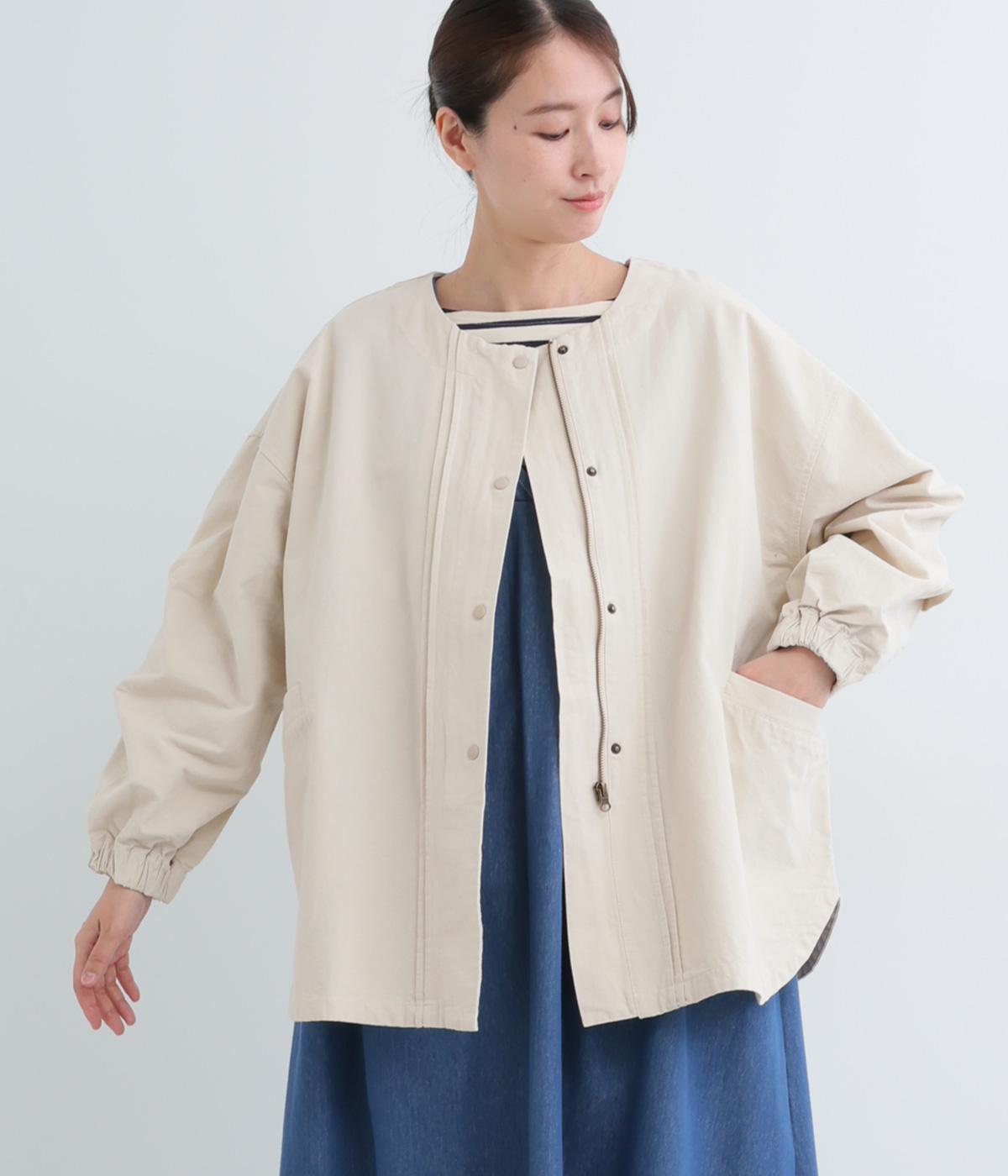 コットングログランバイオウォッシュ加工ピンタックノーカラージャケット(キナリ-F)