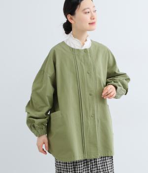 コットングログランバイオウォッシュ加工ピンタックノーカラージャケット(カーキ-F)