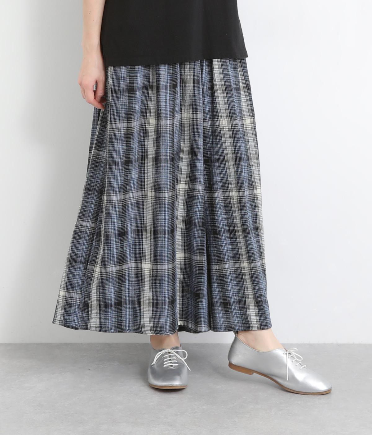 レーヨンクレープチェックワイドパンツ(ブルー-ONESIZE)