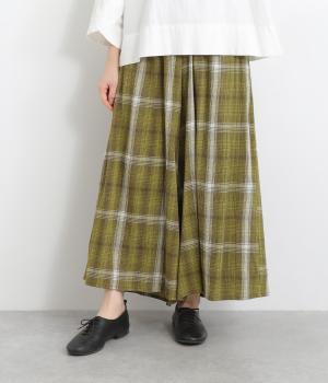 レーヨンクレープチェックワイドパンツ(カーキ-ONESIZE)