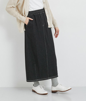 ヘリンボーンジャカードデニム風スカート(ブラック-ONESIZE)