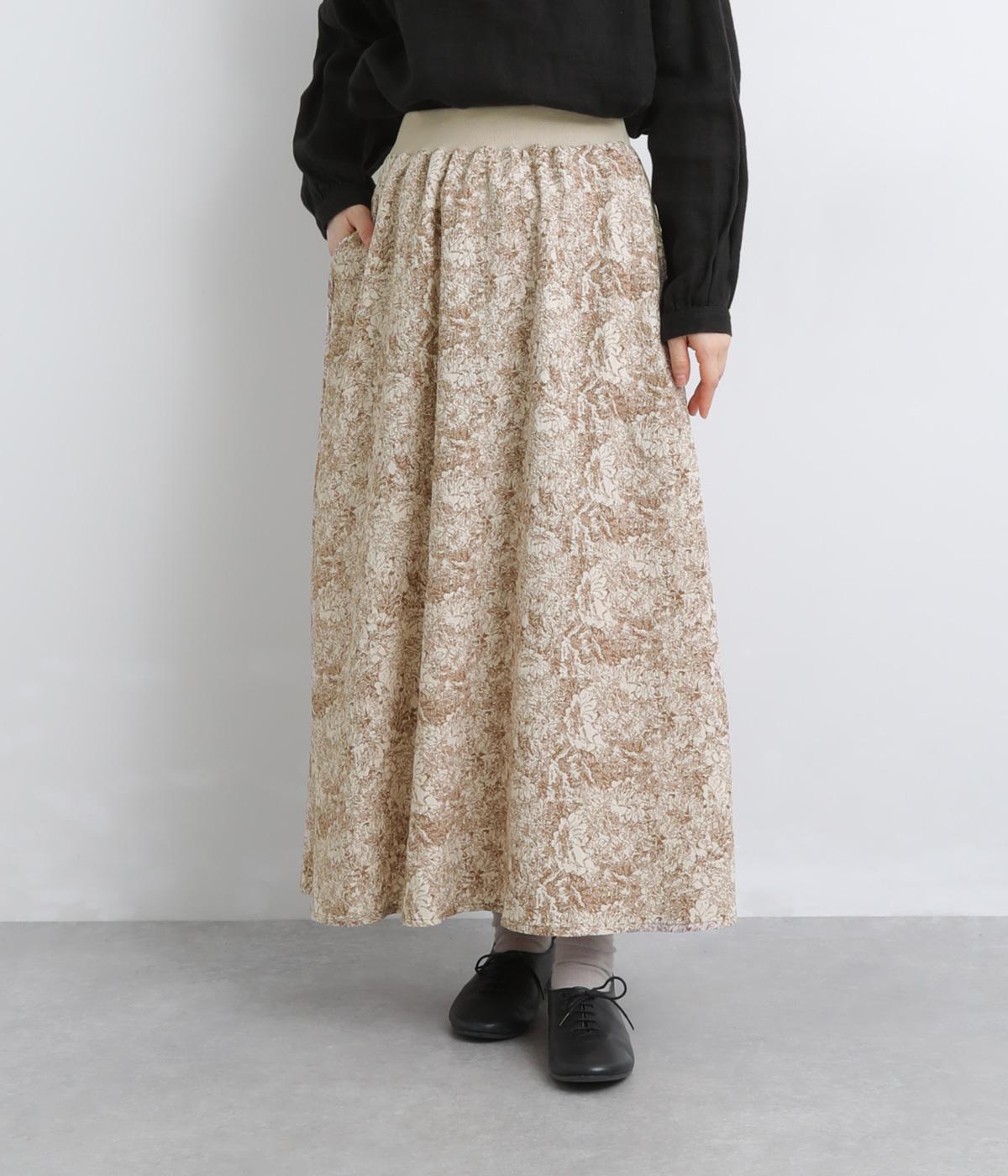 花柄ワッシャーリブギャザースカート(ブラウンフラワー-F)