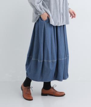 ヘリンボーン裏毛バルーン風スカート(ブルーデニム-F)