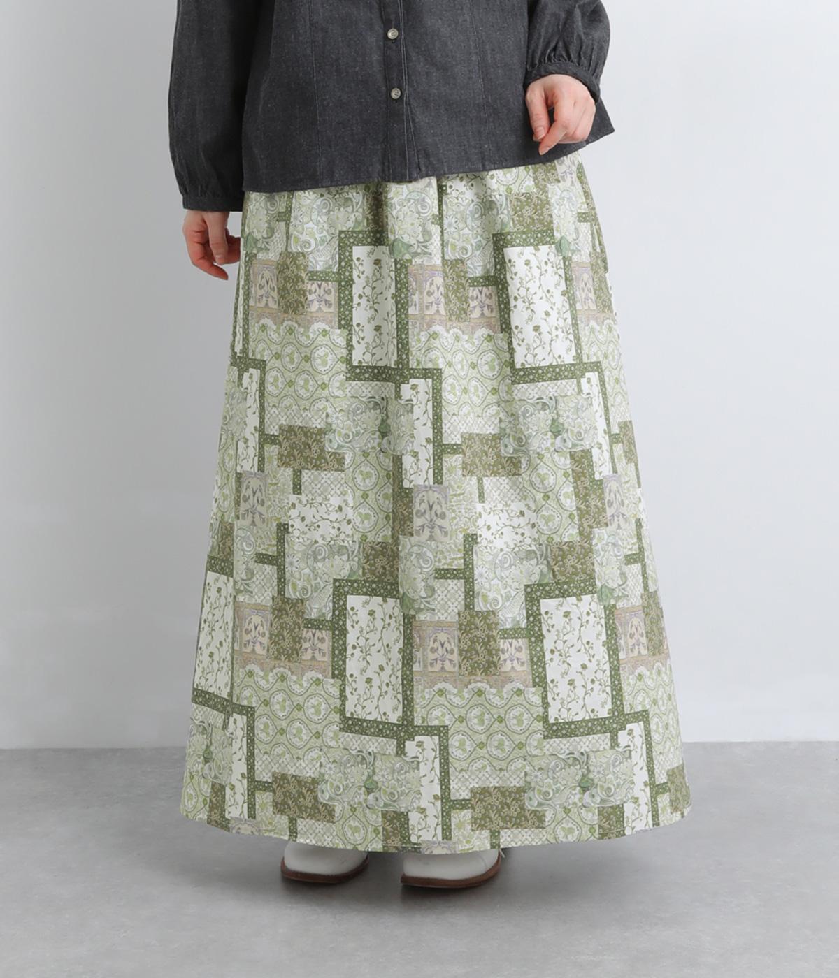 パッチワークフラワープリントギャザースカート(ライトカーキ-F)