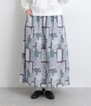 パッチワークフラワープリントギャザースカート(ネイビー-F)