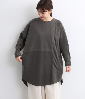 裏毛ピグメントバイオ加工パッチワークチュニック(チャコール-ONESIZE)