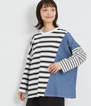 OE天竺デニムドッキングワイドＴシャツ(ブラックボーダー-ONESIZE)