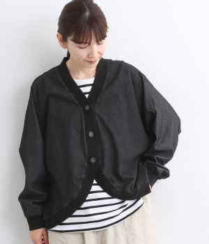 ヘリンボーンジャカード×デニムカーディガン(ブラック-ONESIZE)