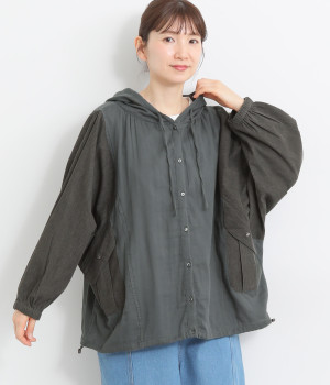 5.5ozデニムxダブルガーゼボイル フード付きラグランパーカー(チャコール-ONESIZE)