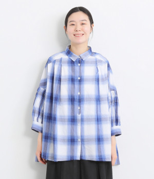 タイプライター ピンタックブラウス(ブルーチェック-ONESIZE)