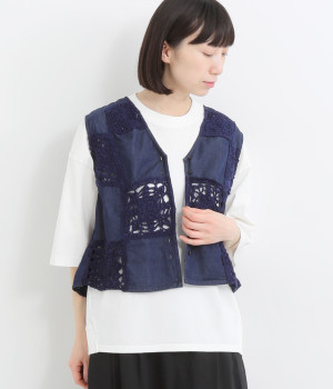 5.5ozデニムxカギ編みレース ベスト(ネイビーデニム-ONESIZE)