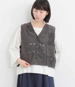 5.5ozデニムxカギ編みレース ベスト(ブラックデニム-ONESIZE)