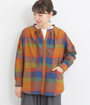 ドビーチェック バンドカラーシャツ(オレンジ-ONESIZE)