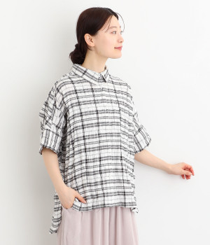 ミックスチェックバックギャザーシャツ(ホワイト-ONESIZE)