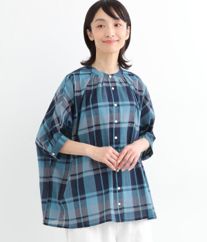 ビッグマドラスチェックギャザーブラウス(ブルーチェック-ONESIZE)