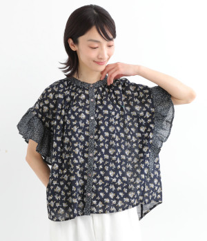 コットンボイルprint patch work　袖フレアブラウス(ブラック-ONESIZE)