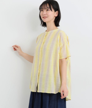 スラブストライプ 袖ギャザーブラウス(イエローストライプ-ONESIZE)