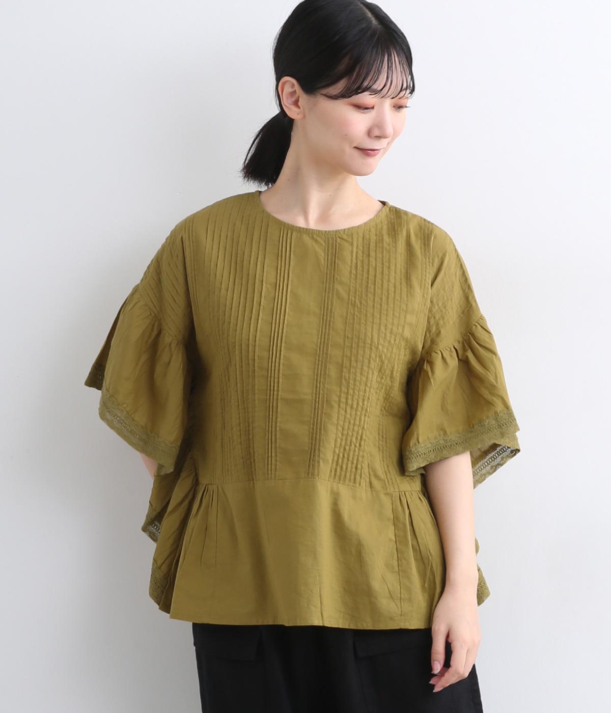 レースパッチワーク 細ピンタックフレアプルオーバー(マスタード-ONESIZE)