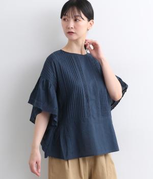 レースパッチワーク 細ピンタックフレアプルオーバー(ダークブルー-ONESIZE)