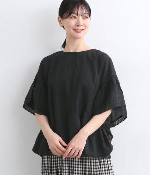 レースパッチワーク 細ピンタックフレアプルオーバー(ブラック-ONESIZE)