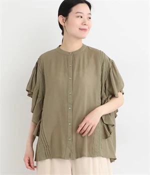 コットンクレープピンタックフレアブラウス(ライトグレー-ONESIZE)