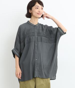 コットンクレープピンタックブラウス(チャコール-ONESIZE)