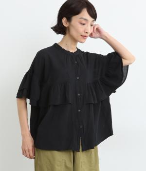 クラッシュボイル フリルブラウス(ブラック-ONESIZE)